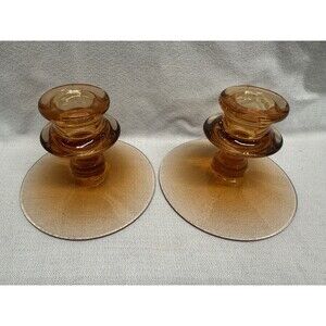 Pair of mid century Candleholder Glass Fosteria Amber Wheat Round Base 3.5” tall